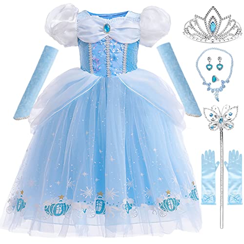 Snyemio Vestito Cenerentola Bambina Costume Principessa Blu Bimba Carnevale Cosplay Halloween Natale Compleanno, Blu, 3-4 Anni(Etichetta 100)