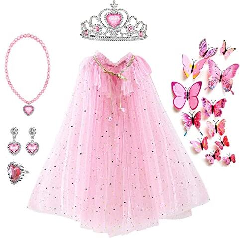 Harxin Mantello della Principessa Set, Accessori da Principessa, Farfalla Spilla Accessorio, Scialle Cape Ragazze da Carnevale Principessa Cosplay Travestimento Compleanno Halloween Feste (Rosa)