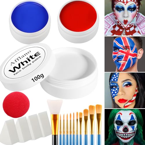 Afflano Kit Pittura del Viso Clown Grande Bianco Blu Rosso, Base di Olio Face Paint +Pennelli Spugne Naso di Clown 20 Pz, per Halloween Trucco Joker SFX Vampiro Cosplay Costume Dress Up