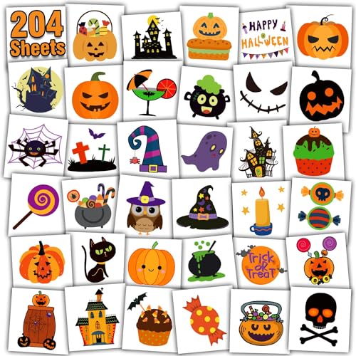 Leesgel Tatuaggi per Bambini, 204 Fogli Individuali Temporanei, Stickers per Halloween, Decorazioni, Adesivi Gadget Festa Compleanno Regalo Accessori Party