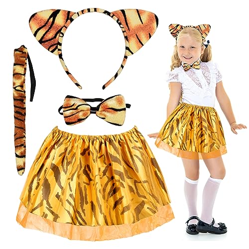 Fennoral 4pz Set Costume Tigre Bambina Costumi Animali Bambini Costume per Travestimento da Tigre -Fascia Papillon Coda Tutù Tulle-per Carnevale Travestimento Imitazione Cosplay Festa Regalo