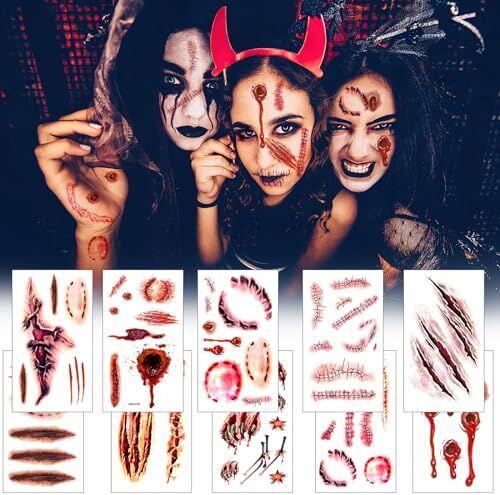 ZoneYan Tatuaggi Temporanei Impermeabile,  10 Fogli Halloween Zombie Scar Tattoos, Adesivi per Tatuaggi Cicatrici di Halloween, Oggetti di Scena per Scherzi di Trucco Cosplay di Halloween