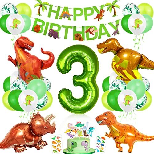 Bluelves Decorazioni Compleanno Dinosauri, Palloncino Numero 3，Decorazioni Compleanno 3 Anno, Festa Tema Dinosauri, Compleanno Party Ragazzo, Palloncini Compleanno Dinosauri per Bambini Festa nella Giungla