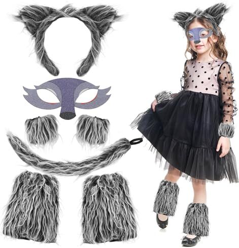 XEPST 7 pz animale Lupo Costume Set, orecchie di lupo e la coda Set con lupo fascia Fluffy Lupo Paws coda Lupo Maschera per animale Costume di compleanno di Halloween del vestito operato del partito