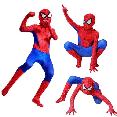 Cucudy Costumi di Spiderman per Bambini, Super Cosplay in Spandex con Tuta Intera 3D per Feste di Halloween (6-7 Years, Blue)