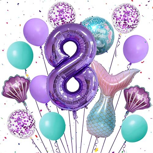 Teselife Sirena Palloncini Compleanno 8 Anno Palloncino con Numero 8 Viola 40 Pollici Palloncino a Forma di Sirena Conchiglia per Bambine 8 Anni Sirena Tema Feste Decorazione di Compleanno Accessorio