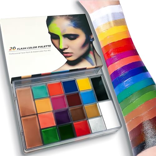 VOLLUCK Body Painting Colori, 20 Colori Tavolozza Pittura a olio con 2 Pennelli, Colore Corpo, Trucco Viso Sicuro e Facile da Pulire, per Halloween Carnevale Cosplay Feste Spettacoli