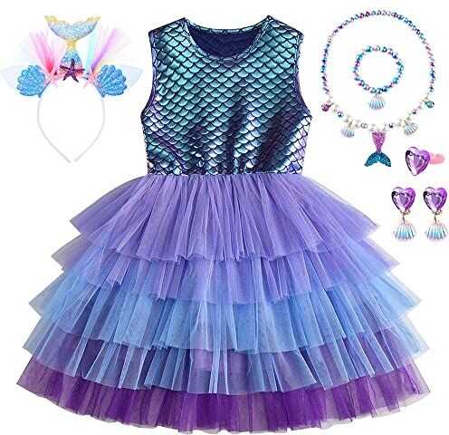 YYDSXK Vestito Principessa Sirena Bambina, Costume da Principessa Ariel Vestito Sirenetta Tutu con Fascia Sirena Costume Festa Compleanno Carnevale Halloween Mermaid Cosplay Abito 2 3 4 5 6 7 Anni