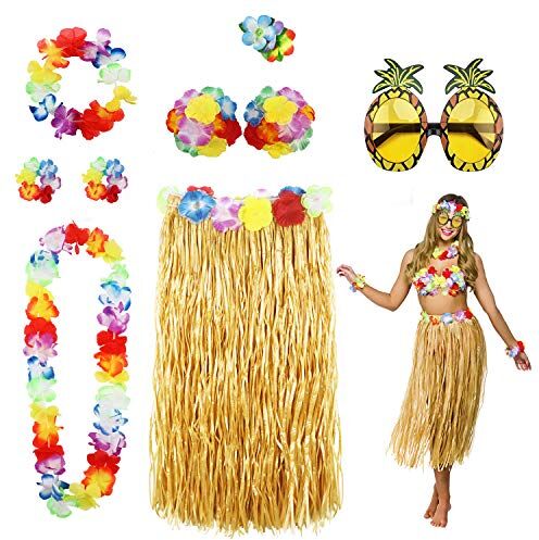 PHOGARY 8PCS Gonna Hula Kit di accessori per costumi per Hawaii Luau Party Ballando Hula con Fiore Bikini Top, Lei hawaiana, Molletta, Occhiali da sole