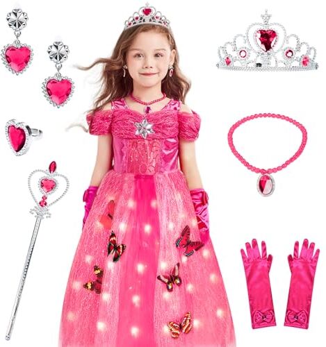 JONRRYIN Vestito Principessa Cenerentola LED, Vestito Cenerentola Bambina 4-12 Anni, Luminoso Costume Cenerentola con Corona Guanti per Ragazze Compleanno Festa Carnevale Cosplay ((110-120), Rosa)