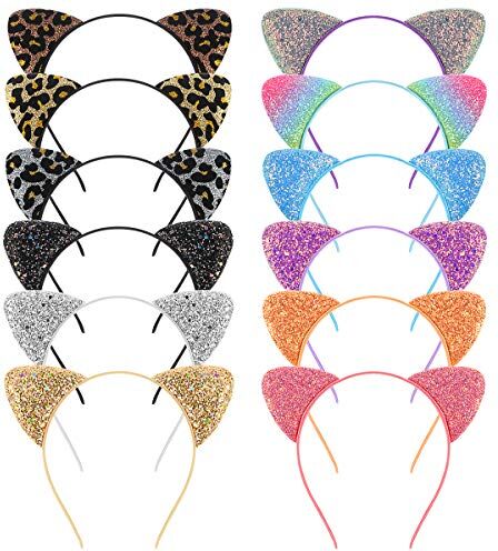 FRCOLOR per orecchie di gatto, fasce per orecchie con paillettes glitterate, fasce per capelli in metallo per feste quotidiane, confezione da 12 (glitter su un lato)