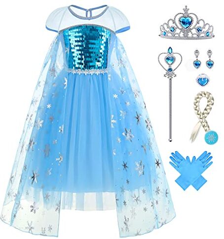 Foierp Elsa Vestito Set Costume Elsa Anna Frozen Bambina Principessa con Corona Bacchetta Guanti Treccia per la Halloween Cosplay Party Compleanno Vestito Fantasia