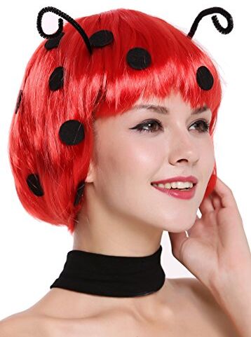 WIG ME UP 91574-ZA13 Parrucca Donna Carnevale Coccinella Ladybug Bob Rosso Pois Neri Antenne