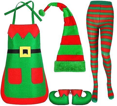 lyanny Costume da elfo adulto,Elfo di Natale a strisce rosse e verdi con cappello di peluche   Divertenti abiti per adulti per giochi di ruolo in feste, grembiuli da cucina natalizi per donne adulte