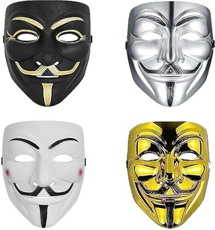 PTBWS 4 Pezzi V per Vendetta Maschera, Halloween Anonymous Mask,Maschere di Carnevale Unisex per Halloween Cosplay Party Regali 4 Colori