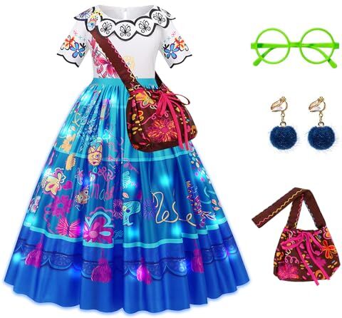 JONRRYIN Vestito Mirabel Luci, Costume Principessa Cenerentola Bambina con Accessori, Luminoso Vestito Principessa Bambina 4-10 anni per Compleanno Feste Carnevale Halloween Cosplay (130 (6-7Anni))