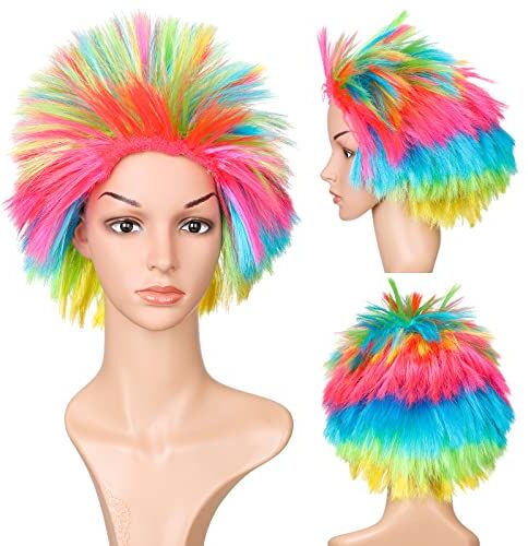 Sinmoe Parrucca per Carnevale per Adulti Parrucca da Rocker Arcobaleno Retrò degli Anni '80 Parrucca Punk Unisex con Testa Esplosiva Colorata per Festa Cosplay Giochi di Ruolo per Donna Uomo