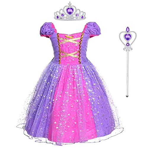 M MUNCASO Rapunzel Vestito da principessa, con corona e bacchetta magica, per bambini, costume da cosplay, per l'estate, per feste e Halloween (5-6 anni)