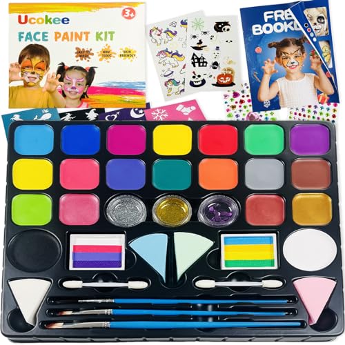 Ucokee Body Painting, 20 Colori Truccabimbi Kit con 2 Split Cake Tavolozza, 2 Tatuaggi Luminosi per Bambini, 1 Guida alla Pittura, 4 Sponges, Colori Trucco Viso Bambini per Halloween Carnevale Feste