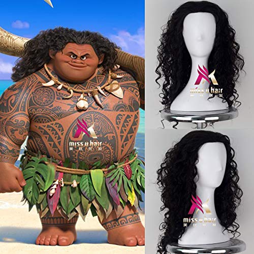 YHWW Parrucca Da Uomo Moana Prince Men Maui Parrucca Riccia Cosplay Capelli Lunghi Morbidi Neri Con Retina Per Capelli Costumi Maui