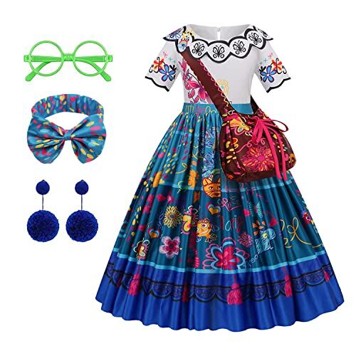 JMOCD Mirabel Dress Costume, abito da principessa con borsa a tracolla, occhiali, cravatte per capelli e orecchini per le ragazze, Halloween Carnevale Compleanno Party Cosplay Outfit (150)