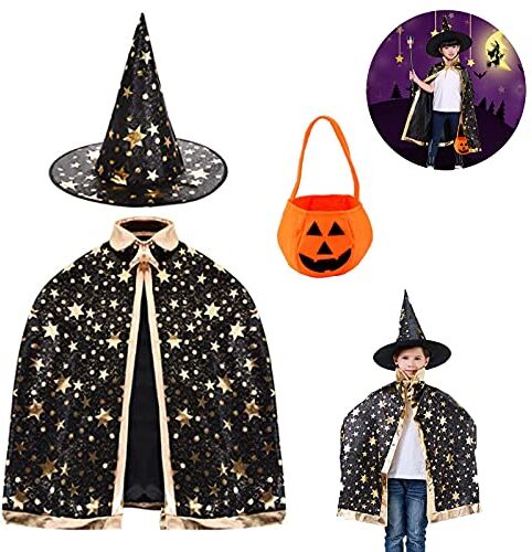 Tuofang Mantello da Strega di Halloween, Halloween Costume Strega Bambina, Mantello da Mago per Bambini con Cappello y Borsa di zucca, per Festa di Cosplay di Halloween per Ragazzo e Ragazza (Nero)