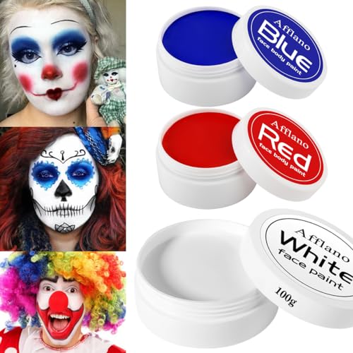 Afflano Pittura Viso Halloween Pittura Corpo Blu 200g,  Clown Trucco Rosso Bianco e Blu Viso Vernice Kit, Pittura Viso Rosso Cadavere Sposa Joker Sfx Scheletro Halloween Trucco Occhio Nero Calcio Sport