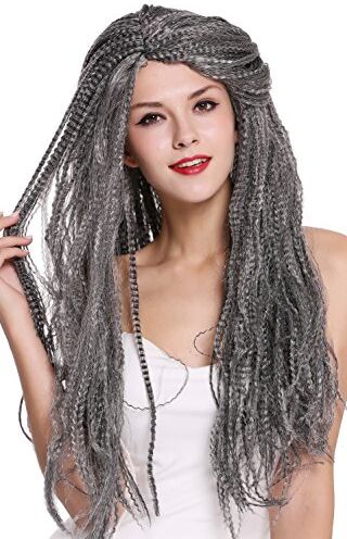 WIG ME UP 09428-ZA103/ZA68A Parrucca Donna Uomo Carnevale Lunga Frisè Volume Mix Nero Grigio Vecchio Hippy Strega Mago