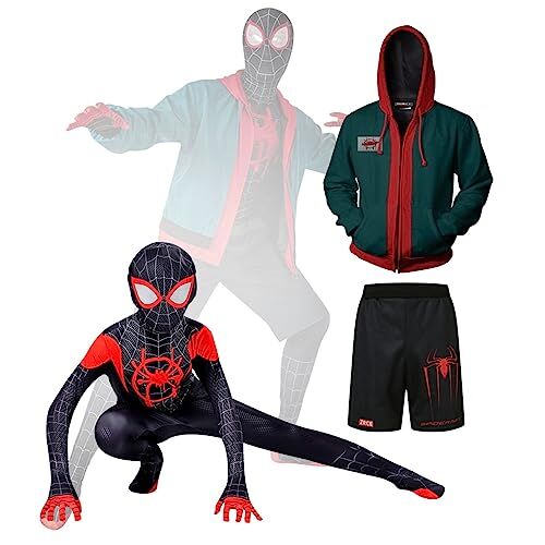 SUAIIOLK Miles Morales Costume da uomo a ragno Suit per bambini o adulti Costume Suit, Costume Suit Halloween Carnevale Cosplay (red,100-110cm)