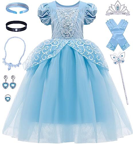 Tacobear Vestito Cenerentola Bambina Costume Cenerentola Costume Principessa Ragazze con Corona Guanti Principessa Fancy Dress per Compleanno Partito Cosplay Natale Halloween Carnevale (120)