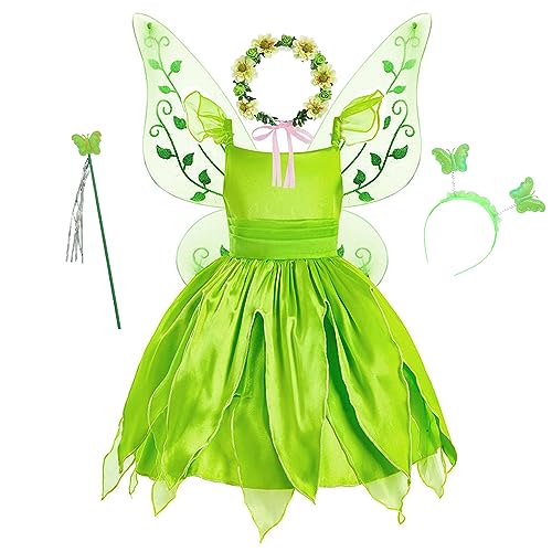 YOSICIL Abito verde Pixie Principessa Tiana Campanellino Bambini con Ali di Farfalla Bacchetta Magica Fascia per Capelli Carnevale Cosplay Festa Compleanno Vestire,verde,130