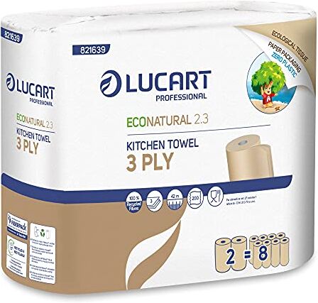 Lucart Pacco 2 Rotoli Asciugatutto 200 Strappi Econatural 2.3 Senza Plastica, Avana, 21 x 22.8 cm, 2 Pezzi