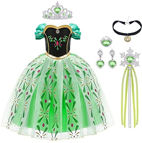 URAQT Bambina Abito da Principessa Anna, Costume Vestito Ragazza Bambina Principessa, Abito da Principessa Anna Costume, con Corona Bacchetta Anello Orecchino, 100CM