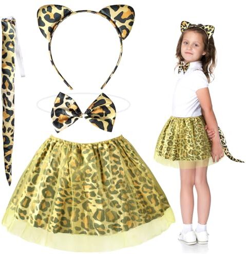 Fennoral 4pz Set Costume Leopardo Bambina Costumi Animali Bambini Costume per Travestimento da Leopardo-Fascia Papillon Coda Tutù Tulle-per Carnevale Travestimento Imitazione Cosplay Festa Regalo