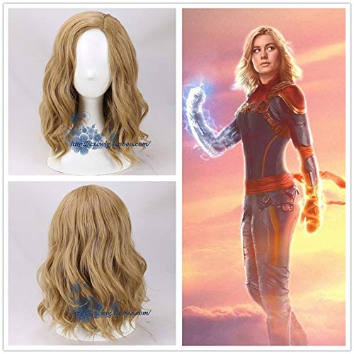 WERNG The Avengers Captain Marvel Carol Danvers Parrucca Cosplay Donna Bionda Capelli mossi Parrucca dorata Costumi Accessori con cappuccio per capelli gratuito