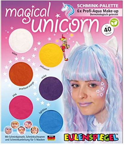 Eulenspiegel Palette make-up Magical Unicorn, istruzioni per 5 maschere di unicorno, trucco per bambini, trucco di carnevale