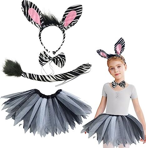 VIKSAUN Zebra Fantasia Costume Animale Costume Set Carino Zebra Fascia Coda Bow Tie Set Donne per Adulti Bambini Vestire Halloween Stage Performance Carnevale Cosplay Party (Nero)