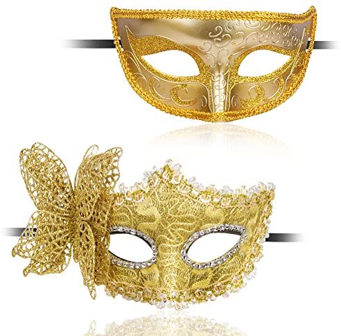 Aomig Maschera Veneziana, 2 Pezzi Maschere Veneziana Maschera Sexy Travestimento Decorazione in Pizzo, Maschera Carnevale Viso Maschere di Pizzo per Halloween, Carnevale, Carnevale, Festa(Giallo)