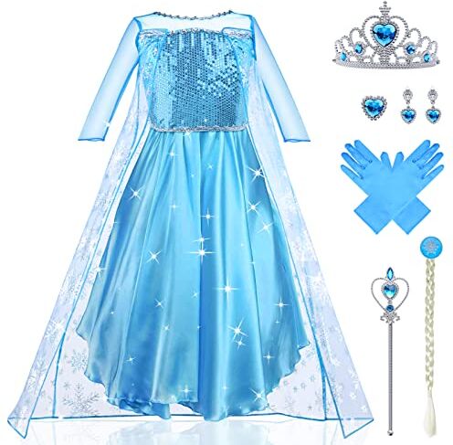 URAQT Elsa Vestito Set, Costume Vestito Bambina Principessa, Set da Principessa Corona Bacchetta Guanti Treccia, Cosplay Party Halloween Abito delle Ragazze di Natale Vestito Fantasia, 130cm