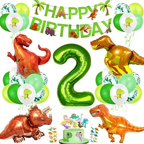 Bluelves Decorazioni Compleanno Dinosauri, Palloncino Numero 2，Decorazioni Compleanno 2 Anno, Festa Tema Dinosauri, Compleanno Party Ragazzo, Palloncini Compleanno Dinosauri per Bambini Festa nella Giungla