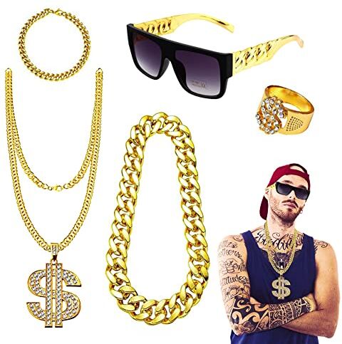 CEWROM Set Accessori Rapper Costume Hip Hop, Rapper Accessori 5 Pezzi Set, Gangster Gioielli Rapper 80/90, Simbolo del Dollaro, Collana D'oro, Occhiali da Sole Hippie, per Costume da Carnevale Festa