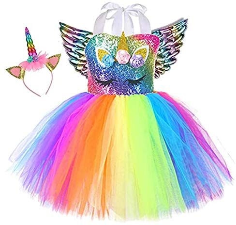 Sincere Party Tutu per bambina in tulle con unicorno Abito soffice per compleanno con unicorno arcobaleno con fascia e ali 6-7 anni(120cm-130cm)