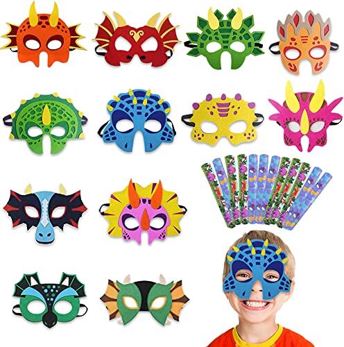 Guidre 24 pezzi Maschere Feltro dinosauro, braccialetti a scatto di dinosauro, con fascia elastica maschere per feste di cosplay per feste a tema in maschera, Halloween, compleanni a tema dinosauri