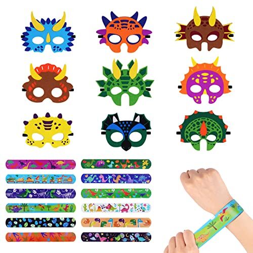 Aomig Maschere Bambini Feste, 9 Pezzi Maschere di Dinosauro Maschere Feltro Halloween con 12 Bracciali, Mascherine Carnevale Bambini Gadget Mascherine per Carnevale Halloween Festa Cosplay