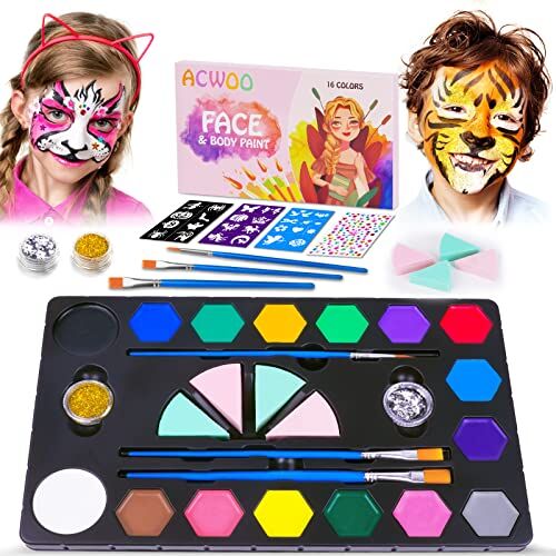 ACWOO Colori Trucco Viso Bambini, 16 Colori Body Paint Tavolozza con 2 Glitter, 3 Stencil, 3 Pennelli, 4 Spugne, 1 Adesivo Diamantato, Truccabimbi Kit Per Cosplay Natale Halloween Feste