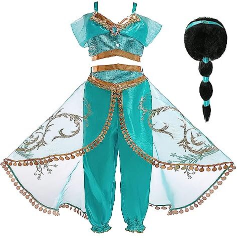 Monissy Bambine Costumi Aladdin Principessa Jasmine Abiti Ragazze Parrucca Fascia Travestimento Natale Compleanno Halloween Carnevale Festa Top Pantaloni Danza Cosplay,Verde+Parrucca,100