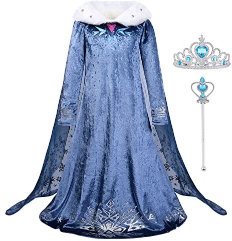 URAQT Elsa Vestito Set, Elsa Costume Vestito Bambina Principessa, Set da Principessa Elsa Corona Bacchetta, Cosplay Party Halloween Abito delle Ragazze di Natale Fantasia (150cm)