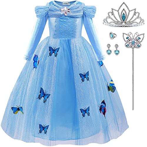 LiUiMiY Vestito Principessa Bambina Carnevale Abito Costume Bambini Manica Lunga Halloween Natale Festa Nuziale Blu, 134-140 (Etichetta 140)