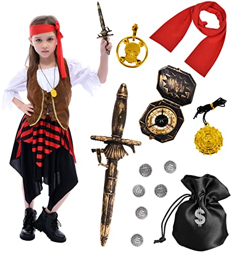 Tacobear Costume Pirata Bambina Vestito Pirata Bambino con Accessori Pirata Fascia per Capelli Bussola Borsa Orecchino Pirata Costume Carnevale Halloween per Bambini Ragazzo (3-4 anni)