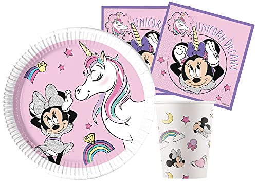 Ciao Kit Party Tavola Disney Minnie Unicorn Dreams in carta FSC compostabile per 24 persone (88 pezzi: 24 piatti Ø23cm, 24 bicchieri, 40 tovaglioli)